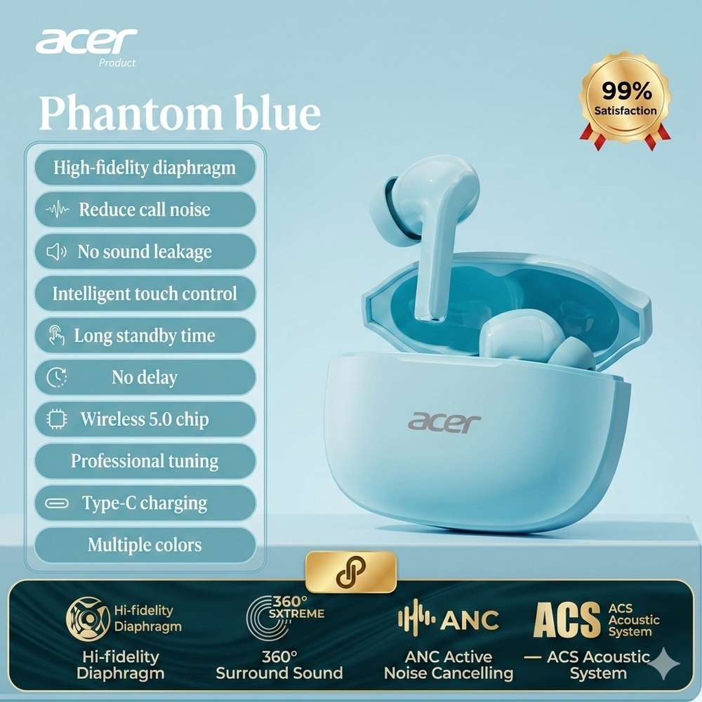 🆕 Acer Phantom Blue Wireless Earbuds - Hi-Fi Sound & AI Noise Cancelling